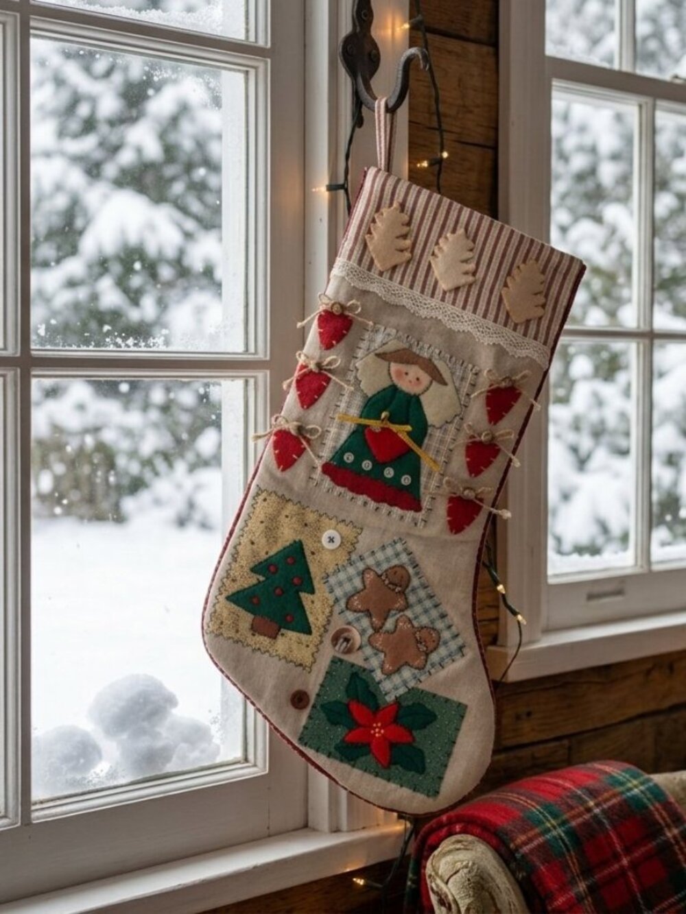 handmade rustic Christmas stocking, crafted with a country-style patchwork aesth
